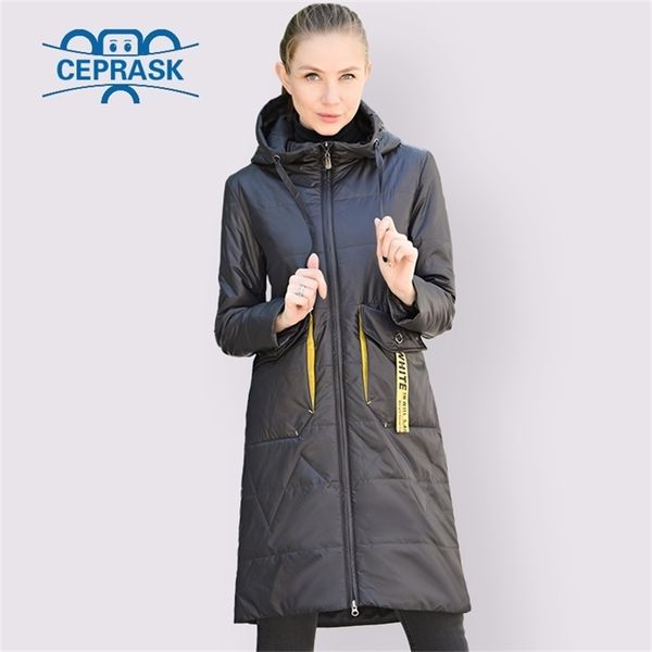 

ceprask spring autumn jacket women thin cotton parka long plus size hood fashion contrast color coat new cothes 201209, Black