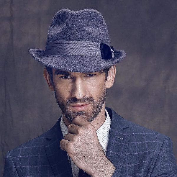 

wide brim hats gentleman business casual wool hat pure felt fashion british jazz, Blue;gray