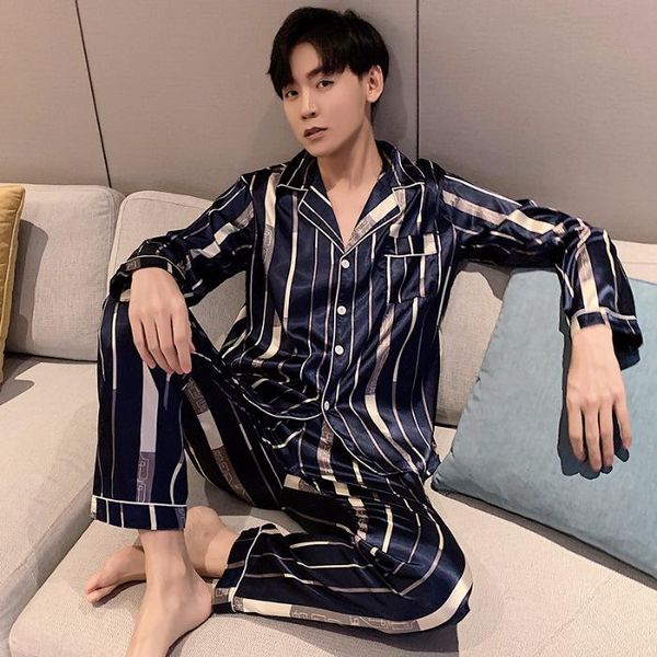 

sleepwear pajama satin nightgowns for men pijama de hombre long sleeve cardigan men's silk plus size home service suit fashion, Black;brown