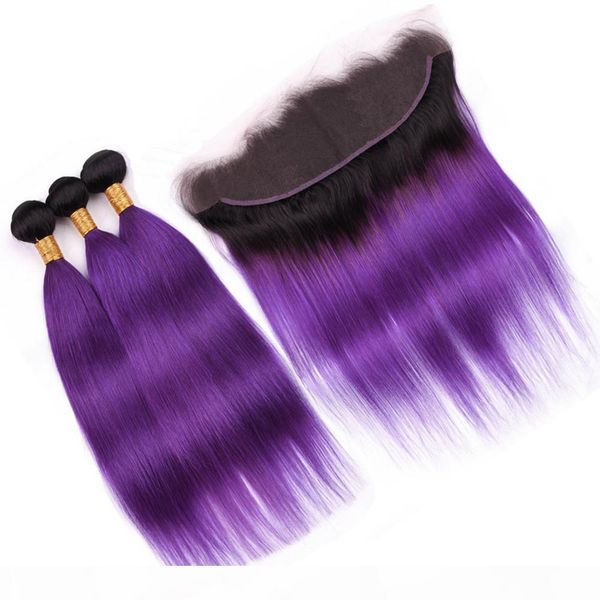 

#1b purple ombre peruvian human hair straight 3bundles with frontal closure black roots ombre purple hair weaves with 13x4 lace frontal, Black;brown
