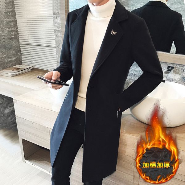 

2020 winter new mid long coat men's thickened large woolen windbreaker trend, Tan;black