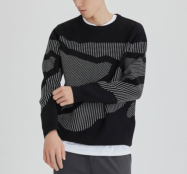 

2021 new men's shirt stripes jacquard around neck sleeve long winter man black male jumper sweater pull hv2m, White;black