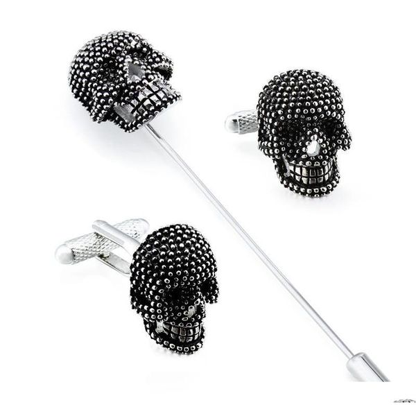 

trendy skull designer cufflinks studs set mens white tuxedo shirt jewelry accessories party gift black enamel cuff links pmg7v, Silver;golden