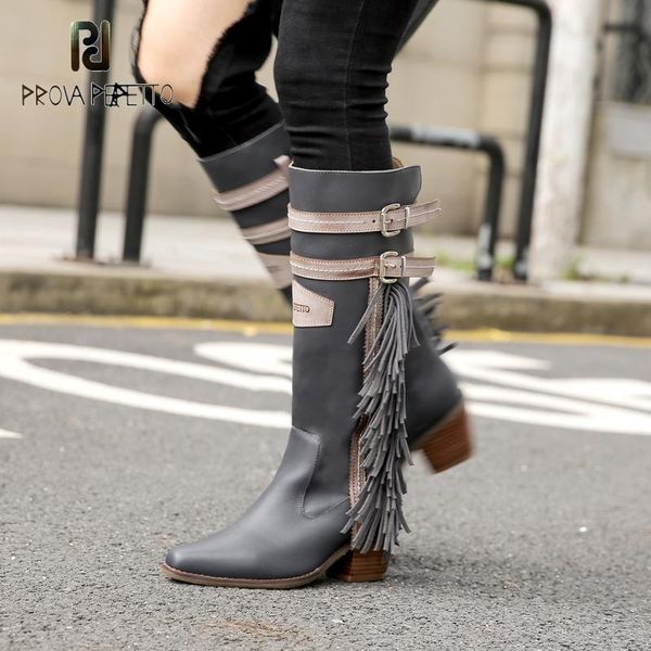 

boots prova perfetto first layer cowhide stitching side zipper pointed thick heel tassel knight real leather western, Black