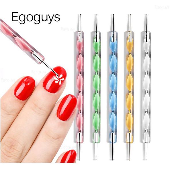 

5pcs colourful double-end acrylic steel dotting pen rhinestones picker picking nail art brush embossing screw swirl stud qylbuc