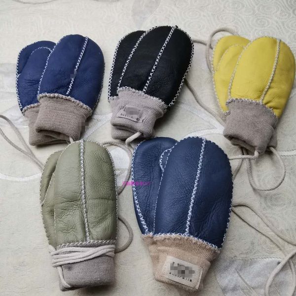

children's sheepskin wool integrated baby gloves winter warm hanging rope mittens leather thick stew