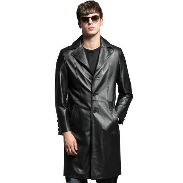 

men's long sheepskin coat long autumn genuine leather jacket black suit collar slim formal outwear1