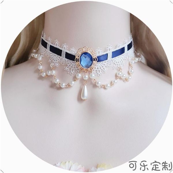 

chokers lolita necklace multilayer pearl gem ribbon lace collar bone chain accessories, Golden;silver