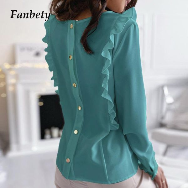 

women elegant double ruffle button blouses shirts 2021 spring casual loose long sleeves pullover office lady fashion blusa, White