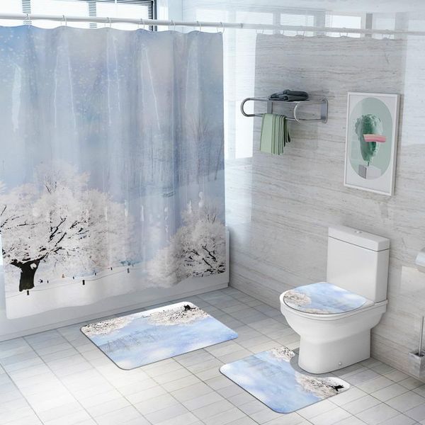 

shower curtains 4pcs/set winter snow print curtain bath account carpet set home bathroom toilet seat partition decoration