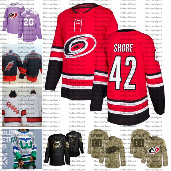 

2021 reverse retro customize #42 drew shore carolina hurricanes jerseys golden edition camo veterans day fights cancer hockey jersey, Black;red