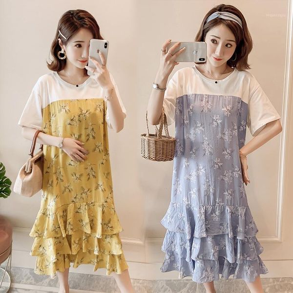 

maternity dresses 9938# clothes summer fashion floral cotton short sleeve loose stylish dress for pregnant women mom dress1, White