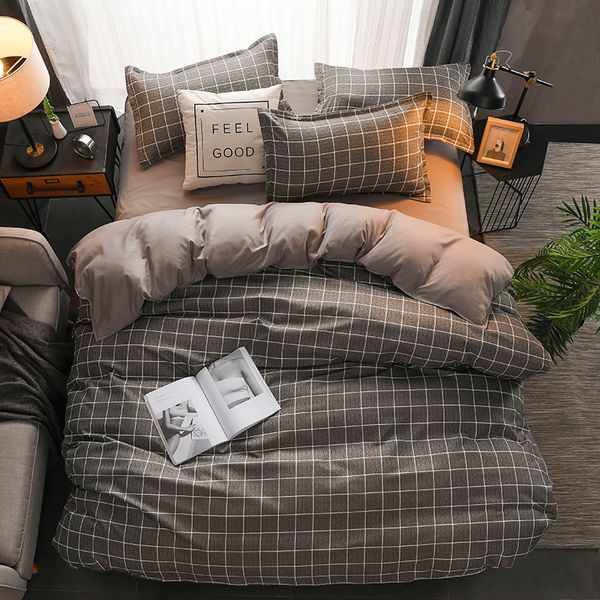 Grupo de cama clássico 5 Tamanho Grey Blue Grid Summer Bed Roupa 4 pcs / Set Duvet Cobertura Conjunto de Cama Pastoral Folha AB Lado Duveta Capa 2020 LJ200812