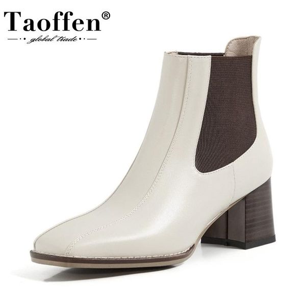 

taoffen genuine leather women ankle boots retro high heel winter shoes woman warm square toe office lady footwear size 33-40, Black