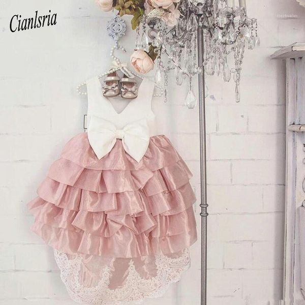

high low tiered satin flower girl dress with bow lace appliques v-back custom made girls foraml wears sleeveless kids prom dress1, Red;yellow