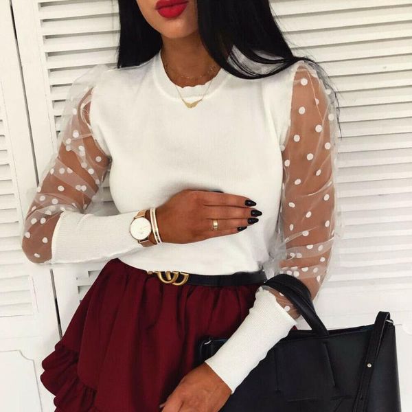 

hirigin polka dot blouse long puff sleeve crew neck mesh sheer see-through streetwear women autumn shirts blusas, White