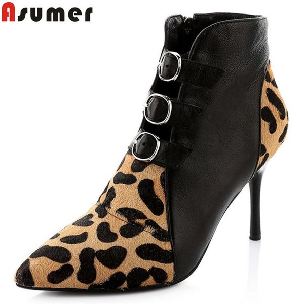 

boots asumer big size fashion ankle poitned toe zip horse hair+cow leather thin high heels ladies prom autumn winter, Black