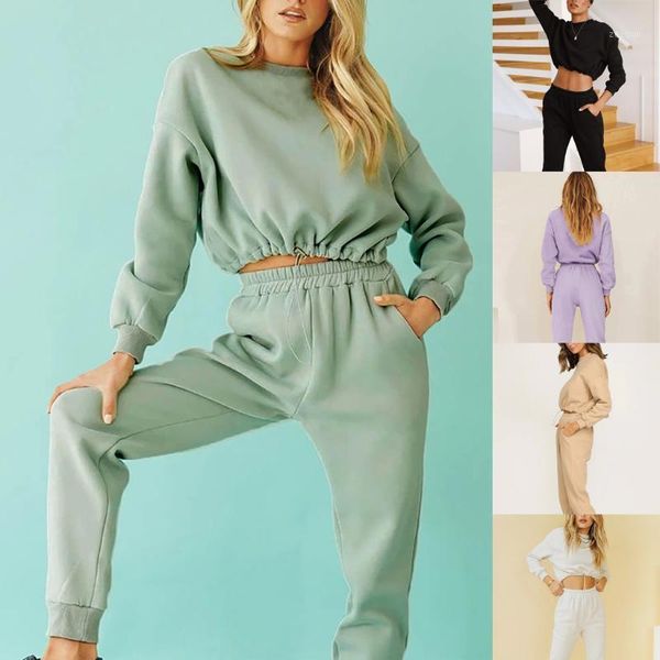 

tracksuit 2pcs women set hoodies crop sweatshirt+ solid pants hooded 2 pieces women clothing suits female ropa de muje #t2g1, Gray