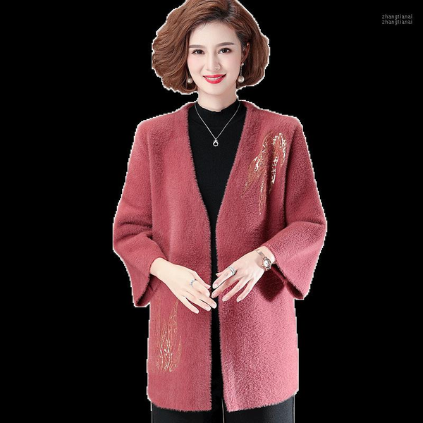

xjxks fashion v-neck sequin beaded women long coat autumn winter 2021 new mink wool women woolen coat1, Black