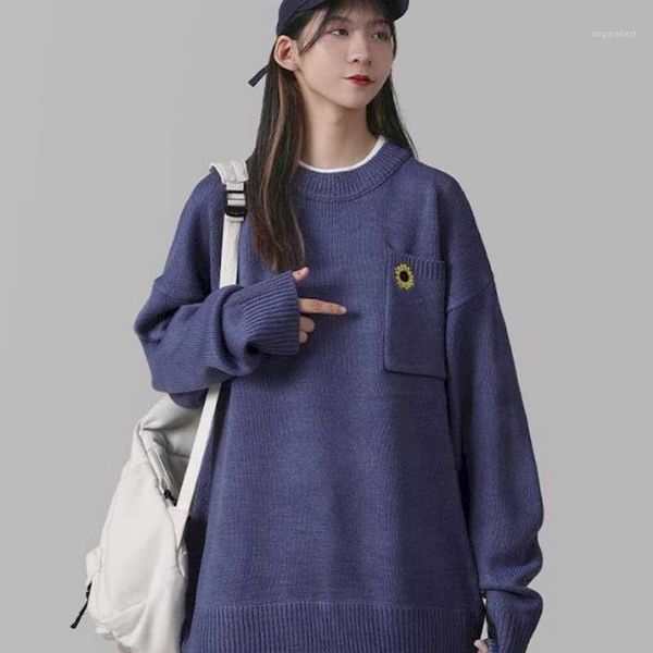 

autumn and winter new sweater round neck lazy wind retro small flower solid color sweater girl student korean loose wild1, White;black