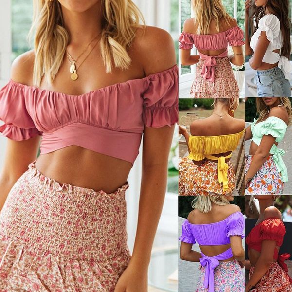 

fashion tank lantern short sleeve womens tshirt bandage casual summer ladies crop vest female blusas, White