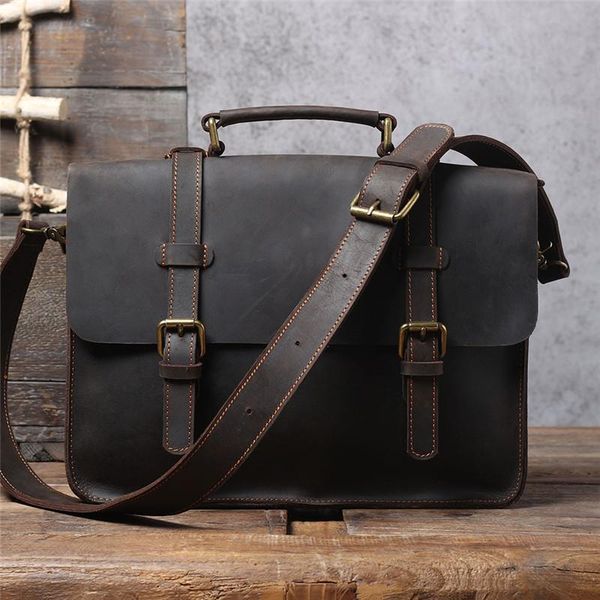 

simple retro genuine leather briefcase layer cowhide backpack daily dark coffee single shoulder messenger bag
