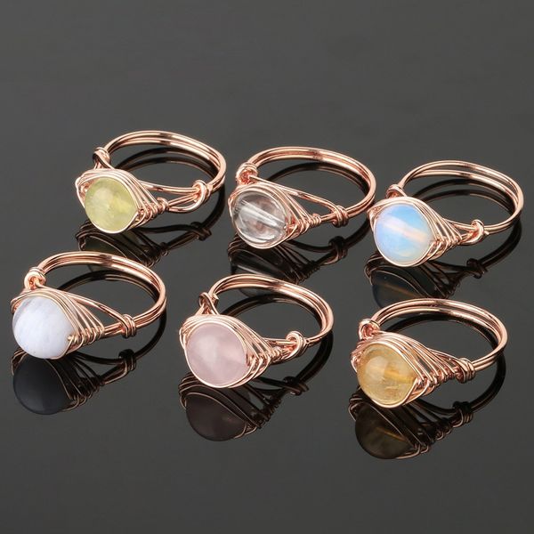 

round natural stone wire wrap women rings healing purple druzy crystal gold-color resizable fashion finger ring, Golden;silver