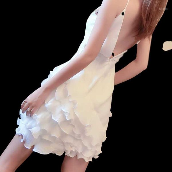 

new korean temperament sling v-neck pleated wooden ear high waist backless short dress small white dress1, Black;gray