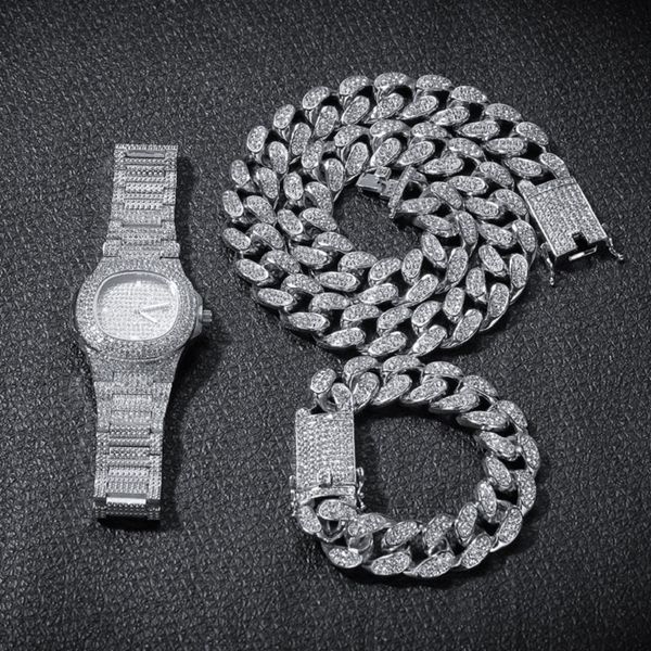

hip hop bling chains jewelry men necklace iced out diamond miami cuban chain rose gold silver watch necklaces bracelet set
