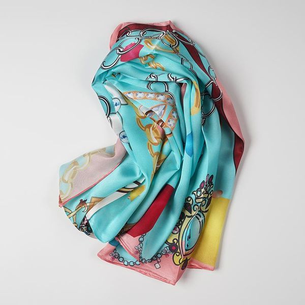 

women's 100% pure silk satin long big scarf shawl wrap neckerchief 175x50cm 68"x19"023-2, Blue;gray