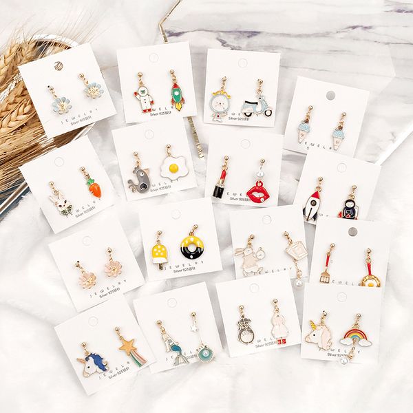 

милые мультфильм серьги для женщин асимметричный кролик кошка птица часы донут радуга единорога мороженое серьги серьги ювелирные изделия по, Golden