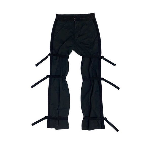 

men's pants raf side webbing strap water wash straight tube loose solid color high waist flared tooling casual pants vibe, Black