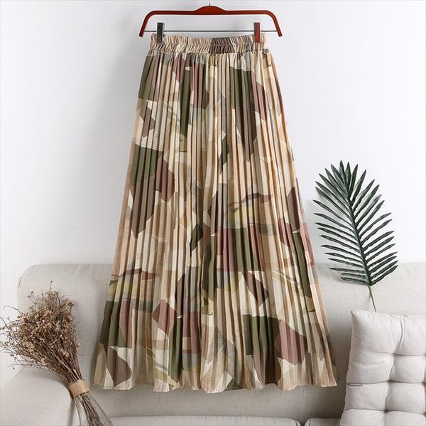 

женские плиссированные ретро эластичные талии юбка 2020 новой весенний летний геометрический принт плиссированной юбкой женщин все спички юб, Black