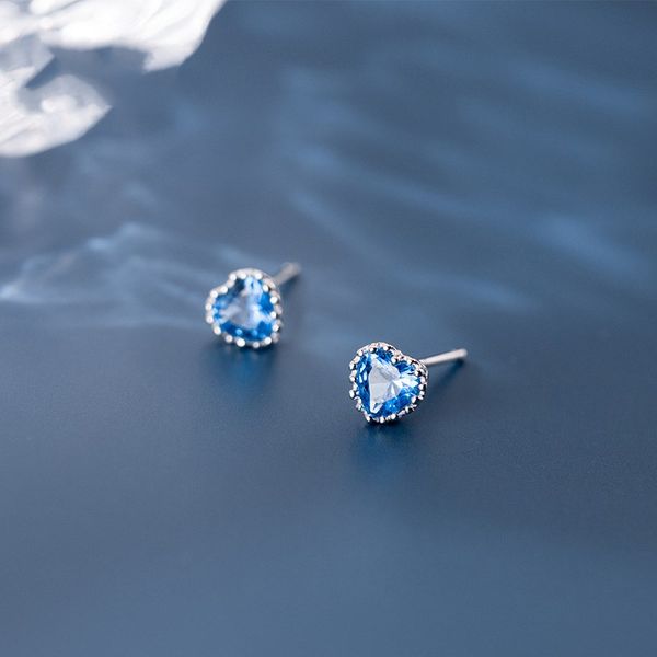 

handmade stamped s925 blue cubic zirconia charm model heart shape gift for love sterling silver earrings for wedding gifts, Golden;silver