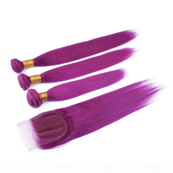 

silky straight brazilian purple human hair bundles 3pcs with closure colored purple 4x4 lace front closure with virgin hair weaves, Black;brown