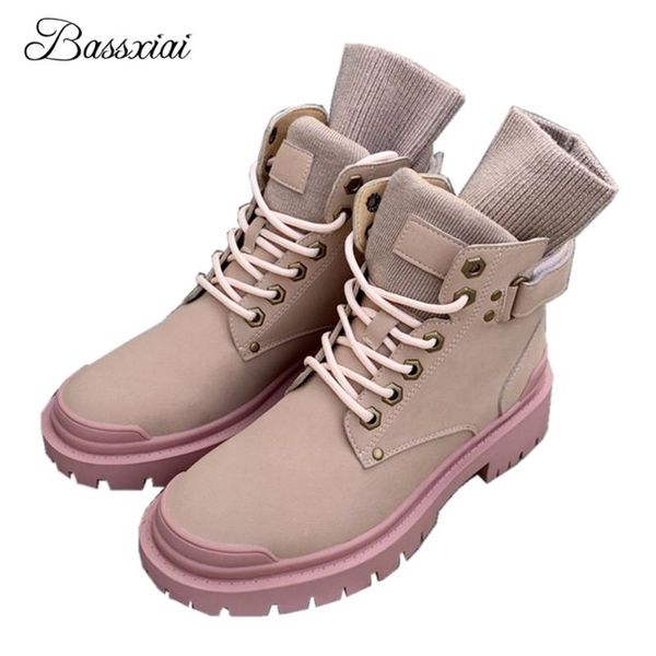 

real leather cross-tied martin boots women round toe thick heel stretch knitted ankle boots wool fur winter botas mujer, Black
