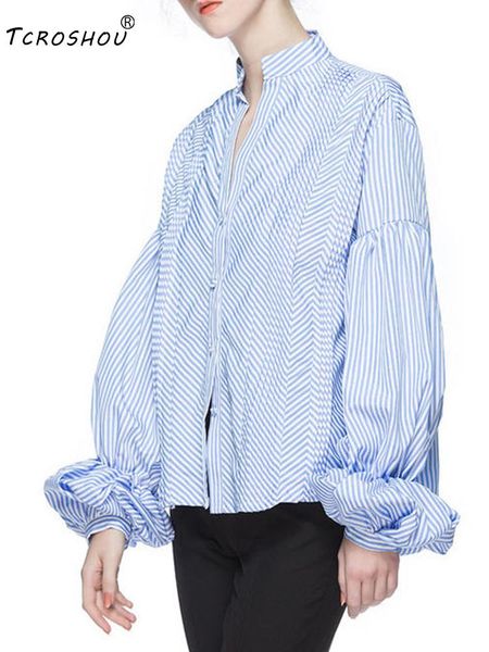 

stand-up collar, single-breasted fashion, lantern sleeves, loose retro striped shirts, ladies' autumn new styles, all-match, White