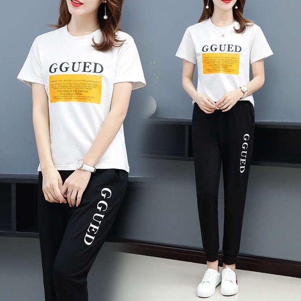 

leisure sports women's new summer 2019 fat mm large foreign style, thin and playful two piece suit french minority, Gray