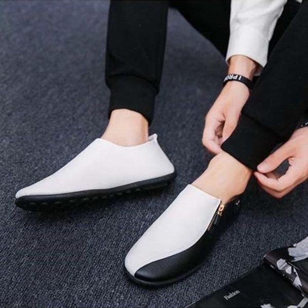 

2019 spring breathable peas shoes men flat slip-on wearable korean casual shoes lazy shoes fashion two-tone with zip footwear, Black