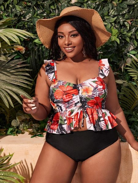 

plus floral ruched ruffle hem high waisted bikini swimsuit 73we#, Black