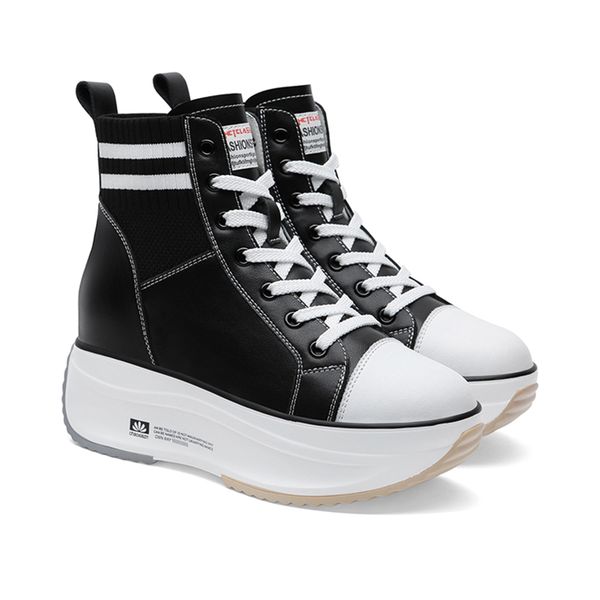 

fashion thick heel cow leather height increasing shoes round toe high sneakers platform outdoor shoes in 35-40, Black;white