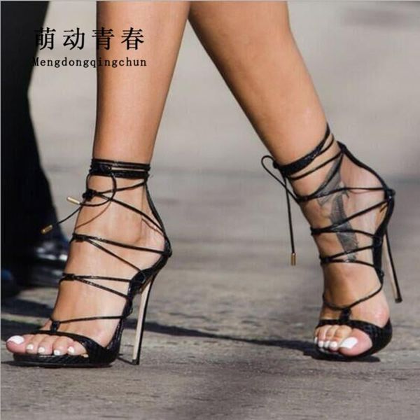

new design women pumps high heeled lace up thin heels women's sandals pumps serpentain ankle strap narrow band summer, Black