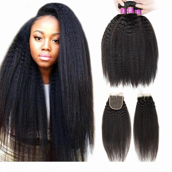 

brazilian kinky straight human hair weaves with 4x4 lace frontal ear to ear full head natural color unprocessed human hair, Black;brown