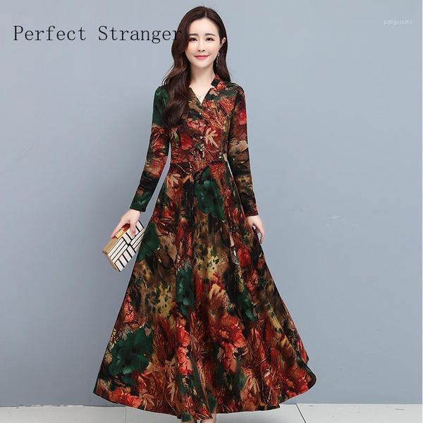 

2020 autumn new arrival korean v collar flower printed long sleeve women long dress1, Black;gray