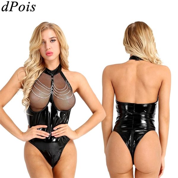 Sexy Bodysuit De Couro De Patente Uma Peça Swimsuit Mulheres Sem Mangas Fishnet Busto Monokini Halter Decote Zipper Aberto Arrotch Leotod T200114