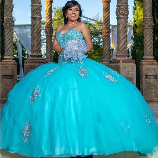 Aquablau bestickte Quinceanera-Kleider, Ballkleider, süßes 16-Kleid 2021, Perlenkristall, Vestidos De Party Wear