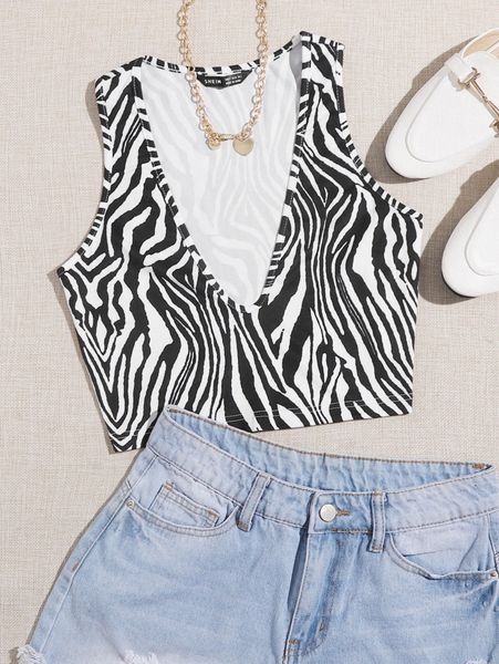 

plunging neck zebra striped tank w08n#, White