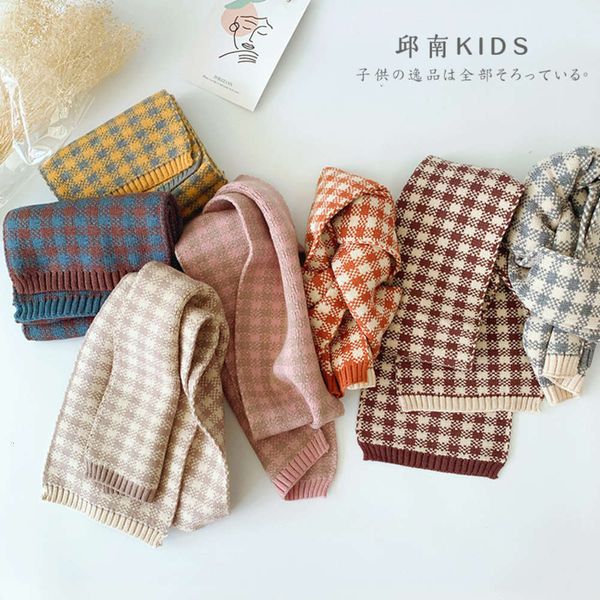 

scarf qiunan children's autumn winter new knitting wool warm micro blog boys and girls' korean double-sided plaid neck, Red;brown