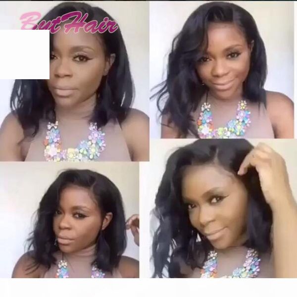 

bythair in stock brazilian virgin human hair short bob wigs body wave wavy lace front wigs glueless full lace human hair bob wigs, Black;brown