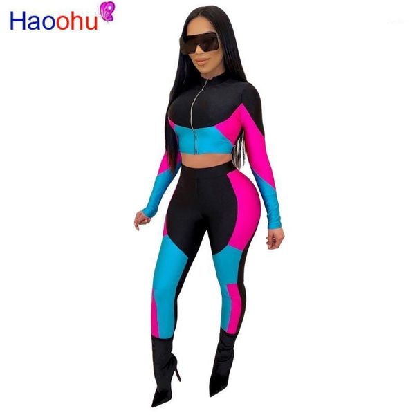 

winter women sets tracksuits zipper crop skinny pants patchwork color two piece suit casual sportswear sweat suit1, White